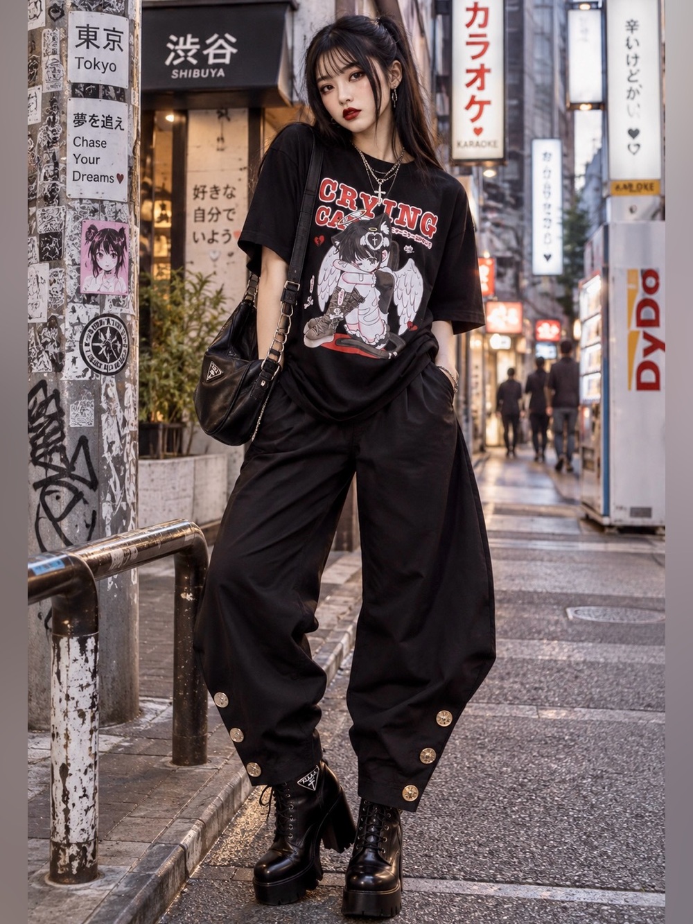 U-C Level Crying Cat Anime Graphic Puff Sleeve Top Goth Y2K Kawaii S